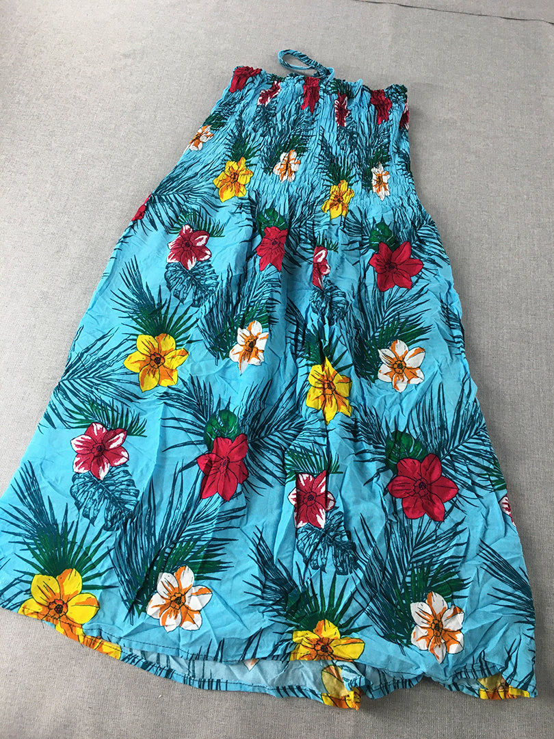 Vara's Womens Hawaiian Dress Size L Blue Pink Aloha Floral Sleeveless Mini