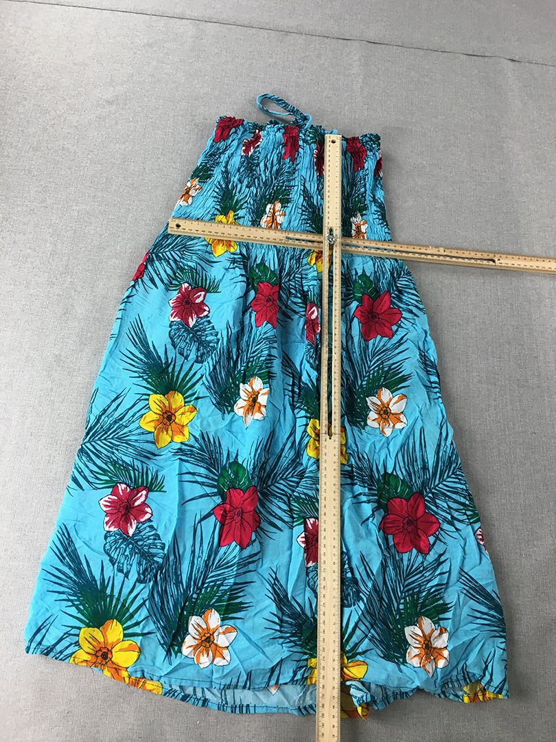 Vara's Womens Hawaiian Dress Size L Blue Pink Aloha Floral Sleeveless Mini