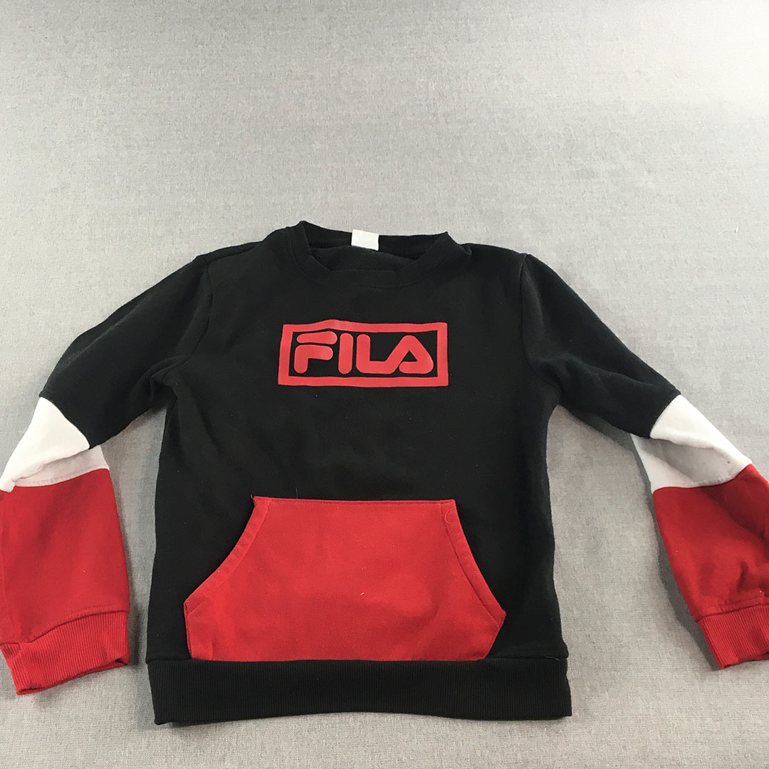 FILA Kids Boys Sweater Size 12 Black Red Logo Pockets Pullover Jumper