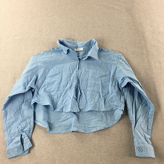 Valleygirl Womens Top Size 8 Blue Long Sleeve Cropped Button-Up Shirt