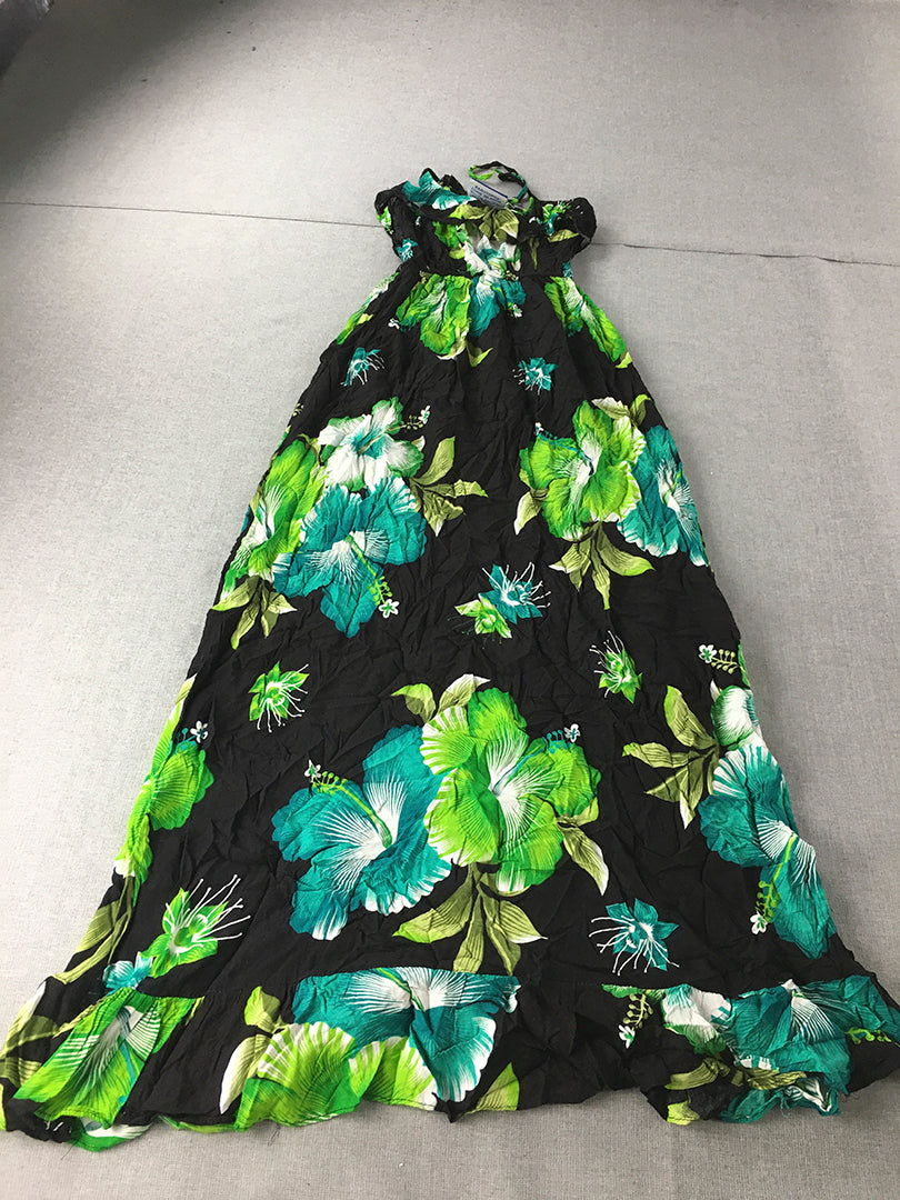 Vara's Womens Hawaiian Dress Size L Black Green Aloha Floral Sleeveless Midi