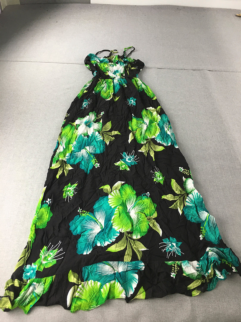 Vara's Womens Hawaiian Dress Size L Black Green Aloha Floral Sleeveless Midi