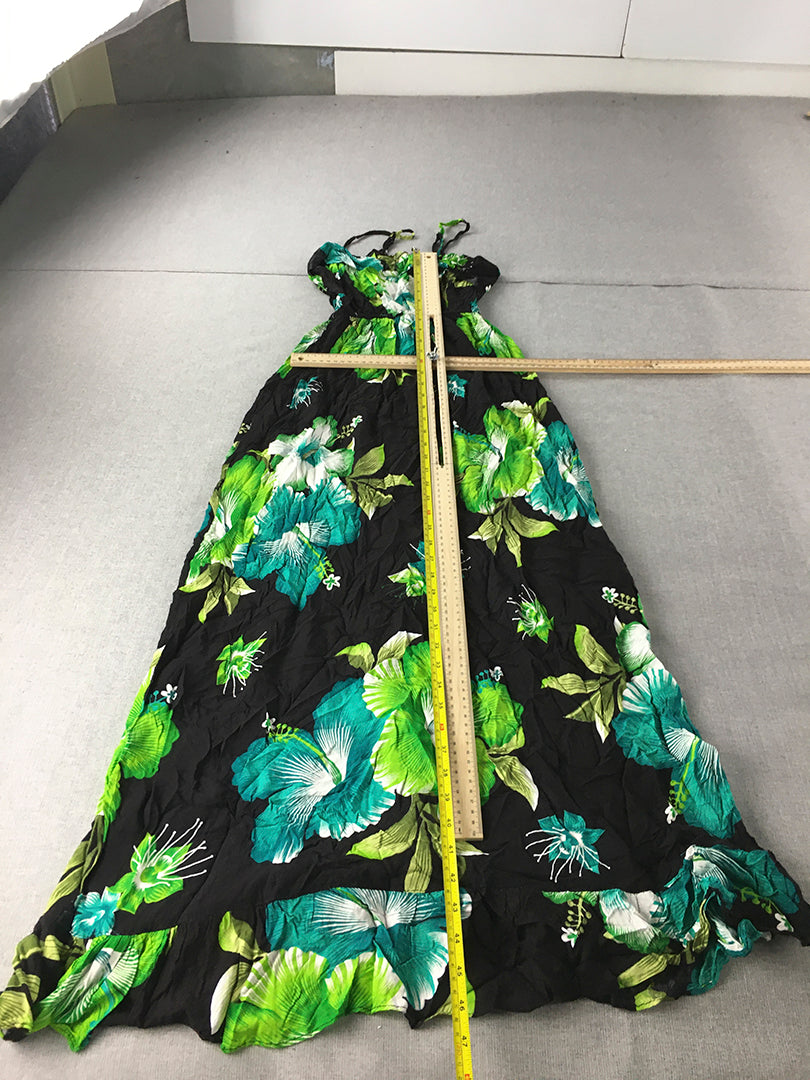 Vara's Womens Hawaiian Dress Size L Black Green Aloha Floral Sleeveless Midi