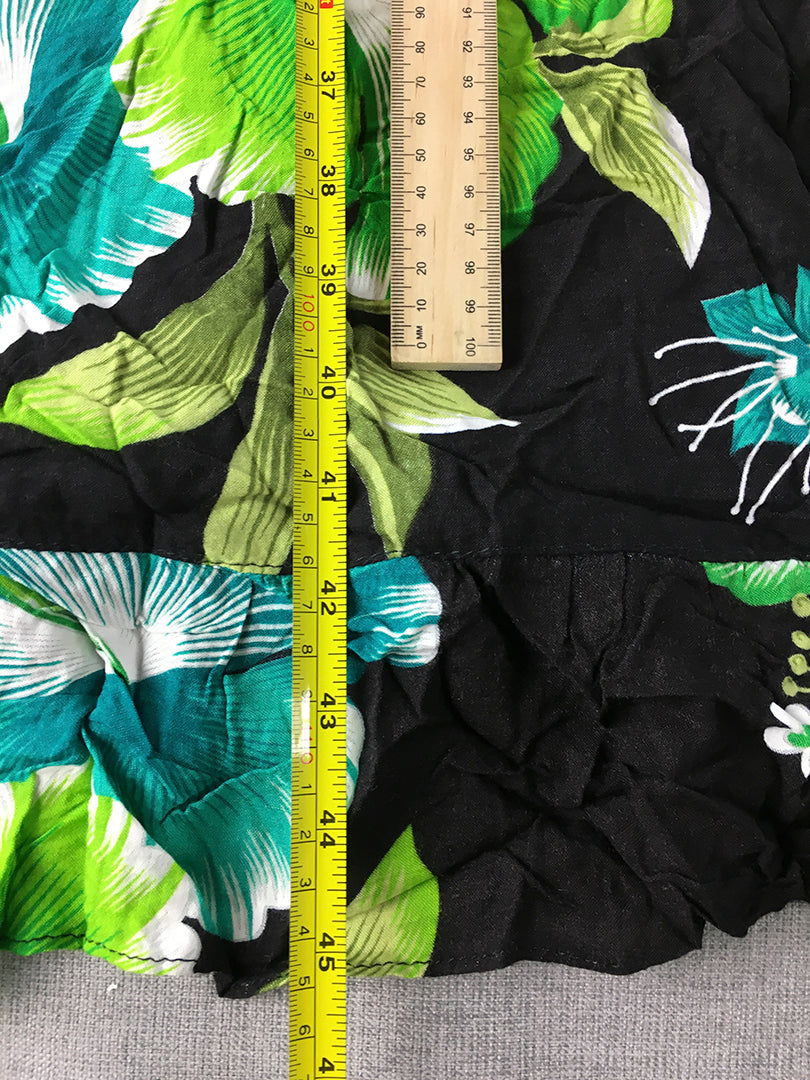 Vara's Womens Hawaiian Dress Size L Black Green Aloha Floral Sleeveless Midi