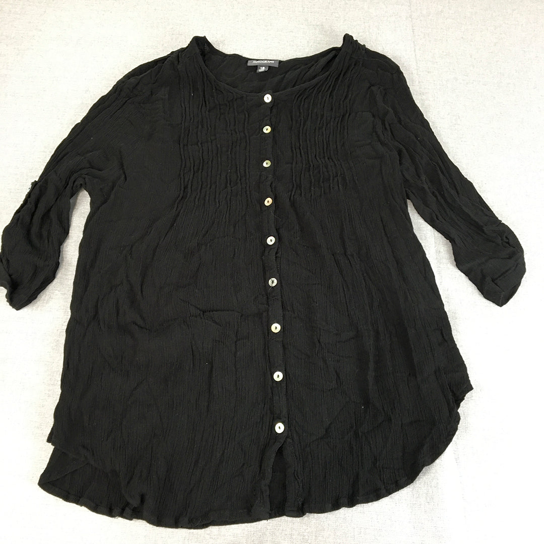 Autogrpah Womens Top Size 18 Black 3/4 Length Sleeves Button-Up Shirt