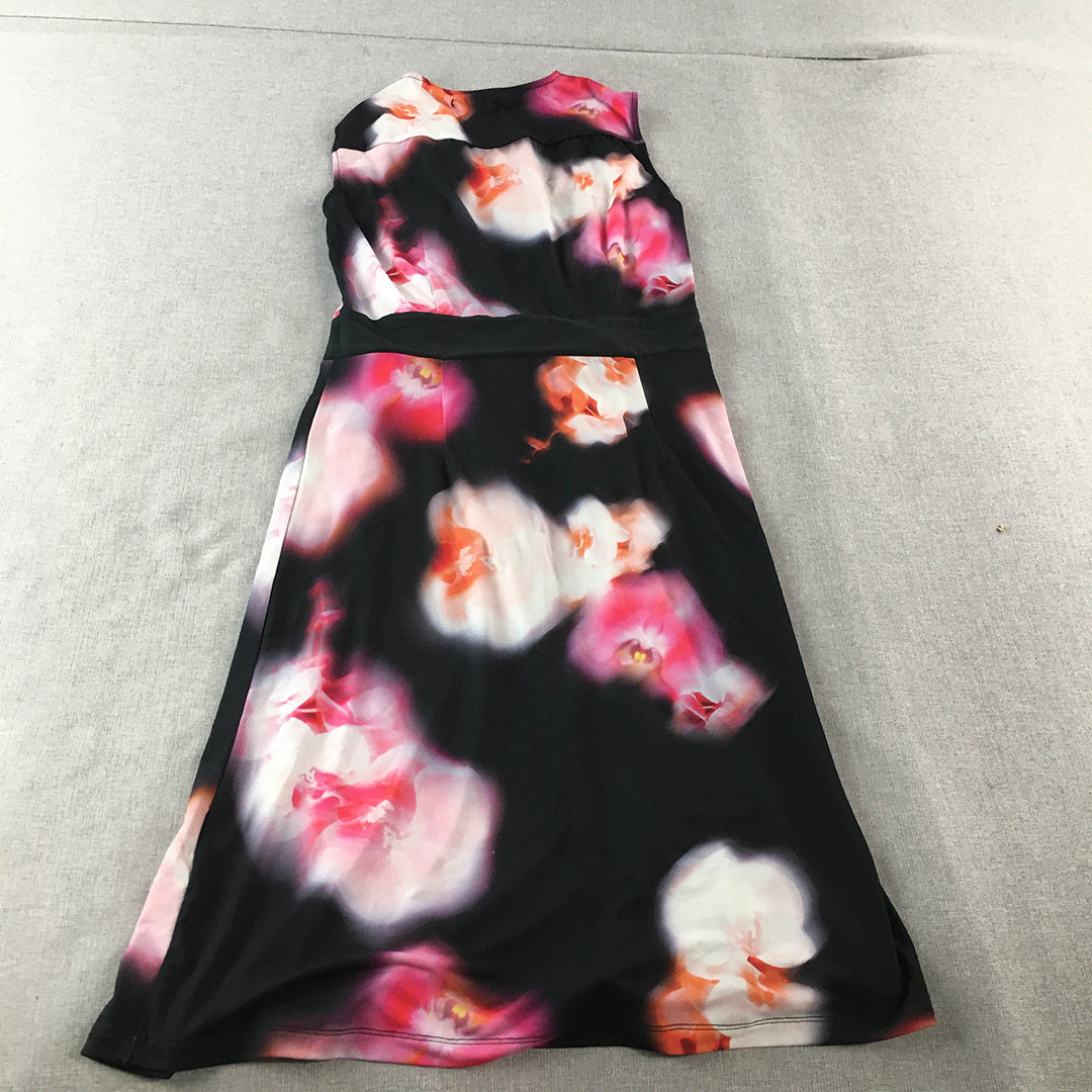 Events Womens A-Line Dress Size 10 Black Floral Stretch Midi Sleeveless