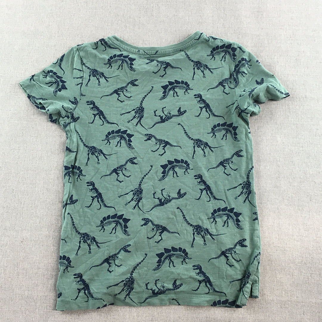 H&M Kids Boys T-Shirt Size 8 - 10 Green Dinosaur Pattern Short Sleeve Top