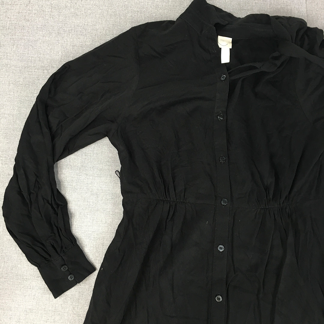 H&M Womens Shirt Dress Size 6 Black Button Up Long Sleeve Knee Length