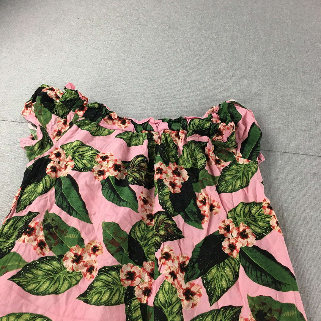 Oakridge Womens Dress Size 10 Pink Green Floral Short Sleeve Midi