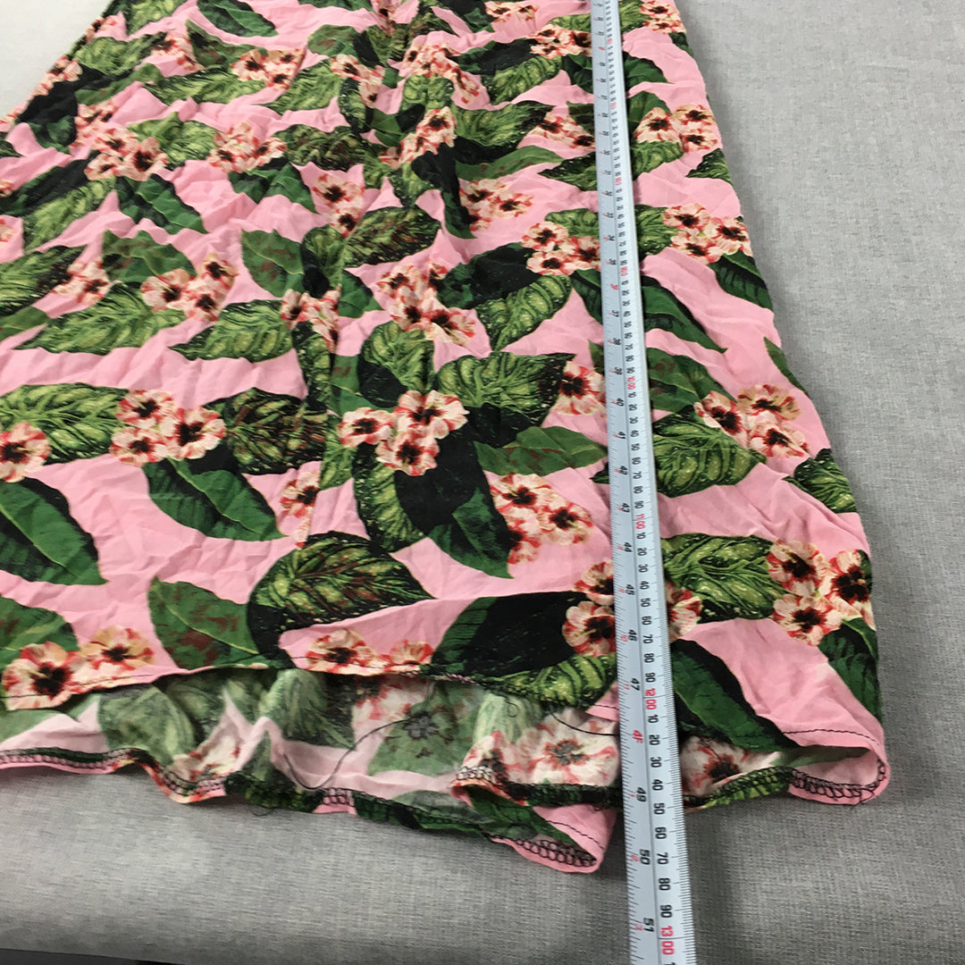 Oakridge Womens Dress Size 10 Pink Green Floral Short Sleeve Midi