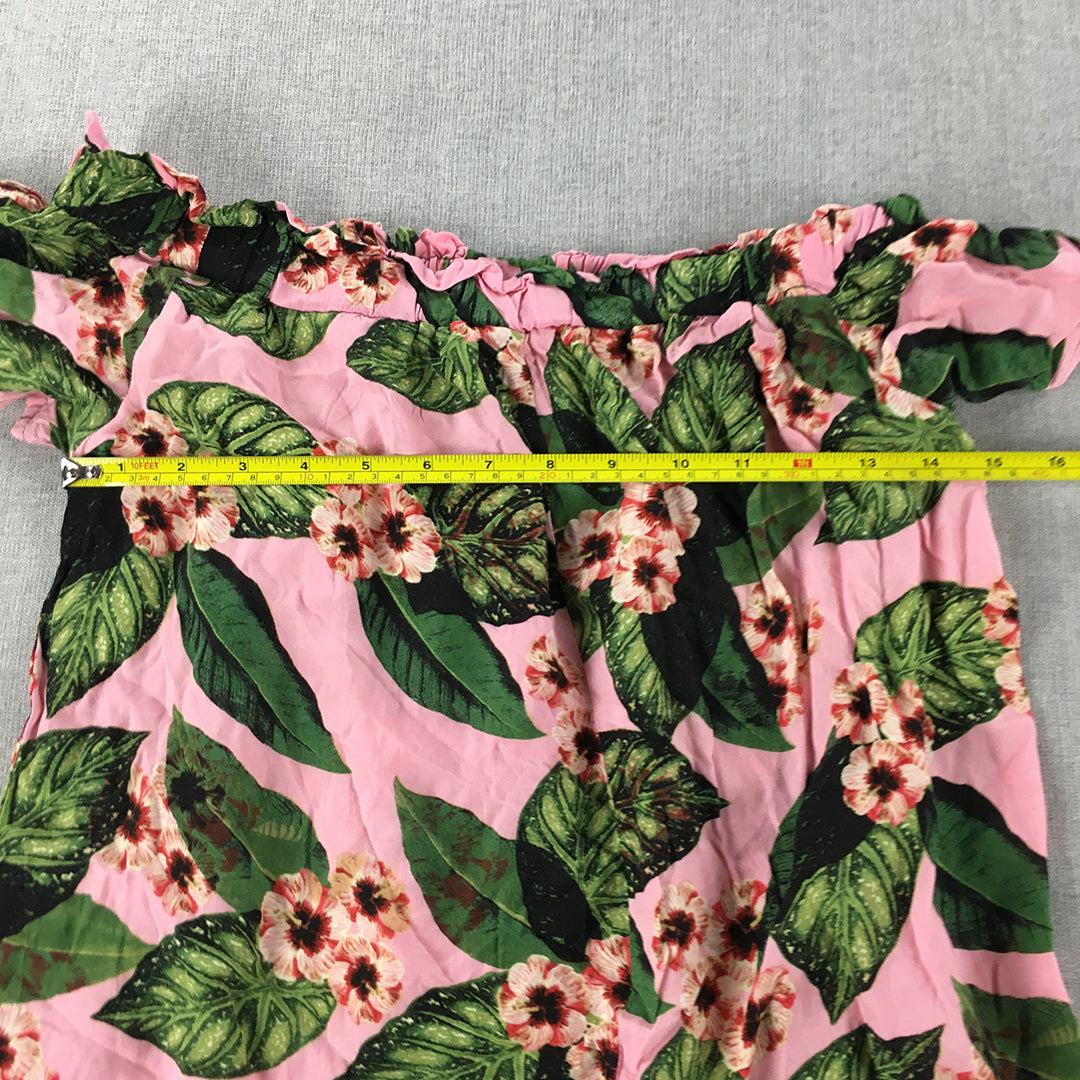 Oakridge Womens Dress Size 10 Pink Green Floral Short Sleeve Midi