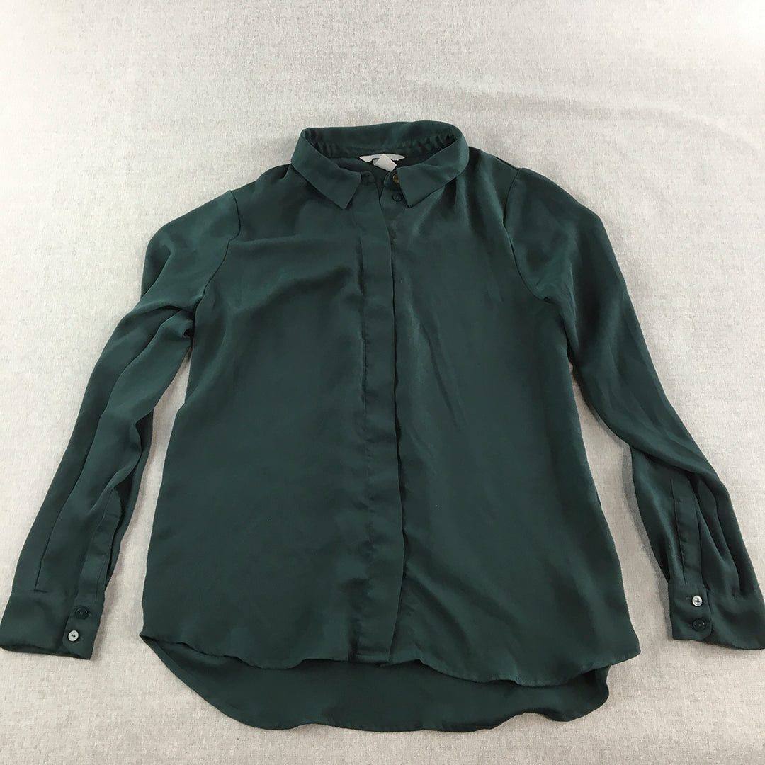 H&M Womens Top Size 8 Dark Green Long Sleeve Button-Up Collared Shirt