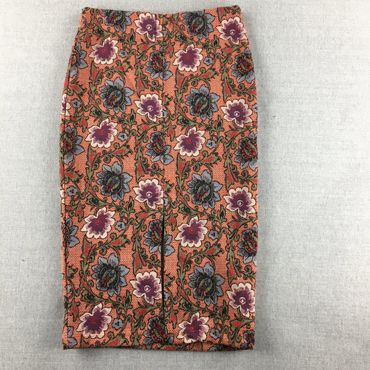 Zara Trafaluc Womens Midi Skirt Size S Orange Pink Floral Straight