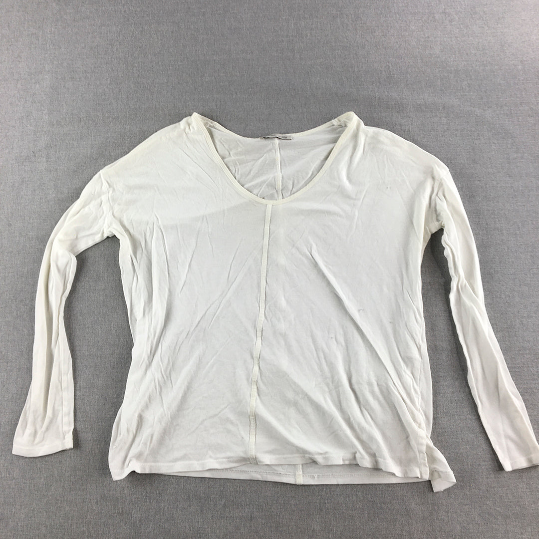 Zara Womens Knit Top Size M White Long Sleeve Pullover Shirt V-Neck