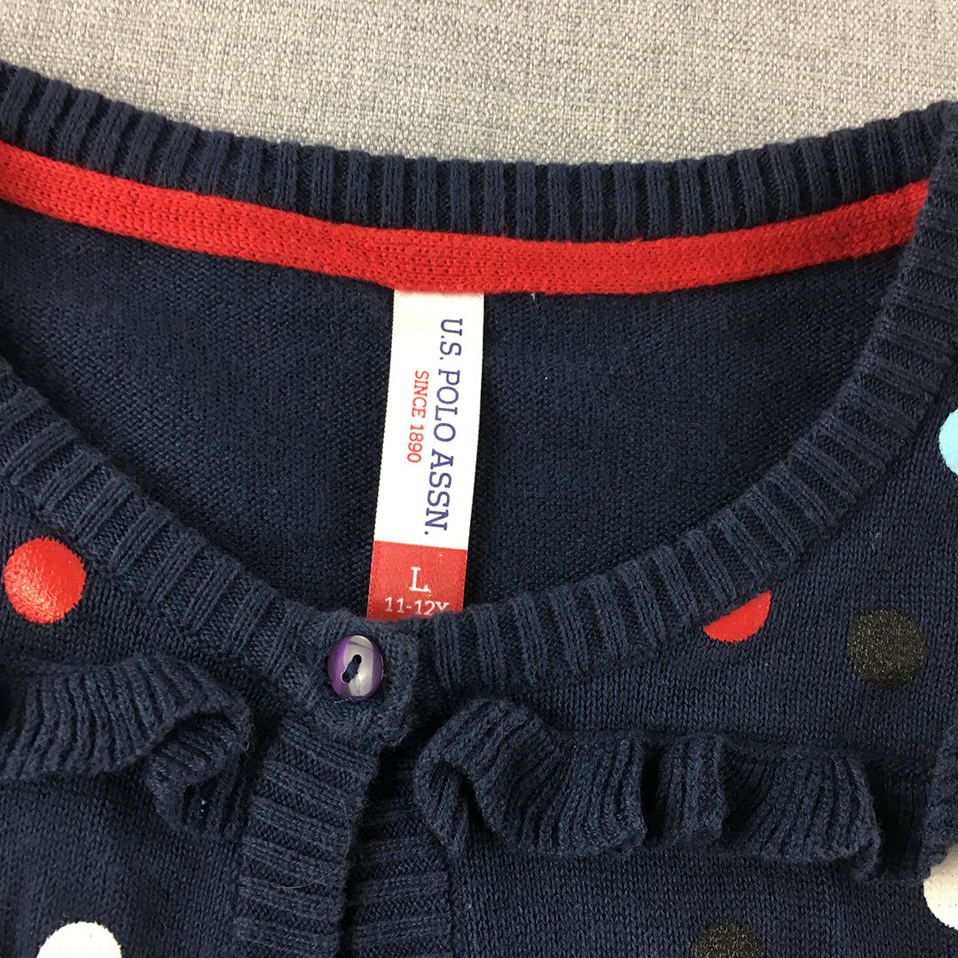 U.S. Polo Assn. Kids Girls Cardigan Sweater Youth Size L Blue Dot Button Jumper