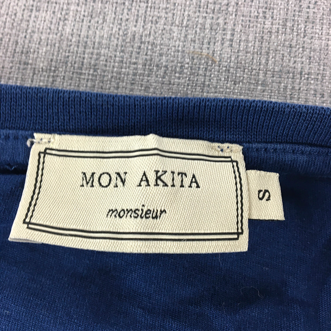 Mon Akita Mens T-Shirt Size S Blue Monsieur Logo Short Sleeve Tee