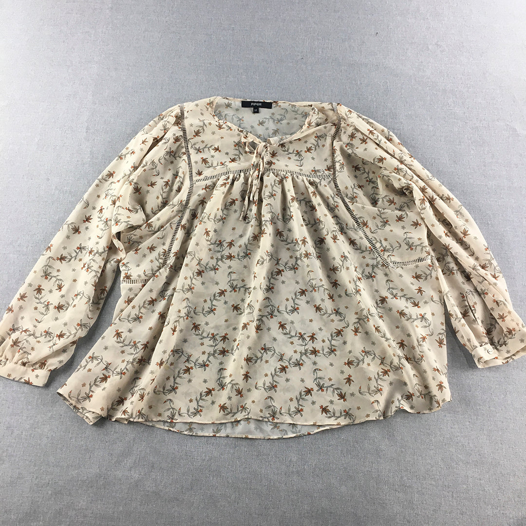 Piper Womens Blouse Size 12 Brown Floral Long Sleeve Top