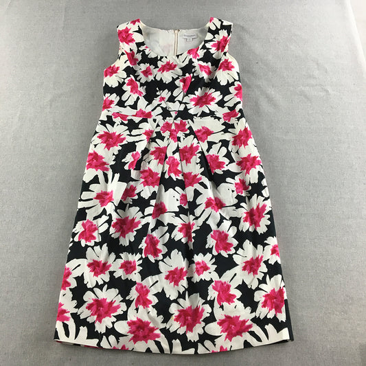 Queenspark Womens Dress Size 14 White Black Pink Floral Sleeveless Midi