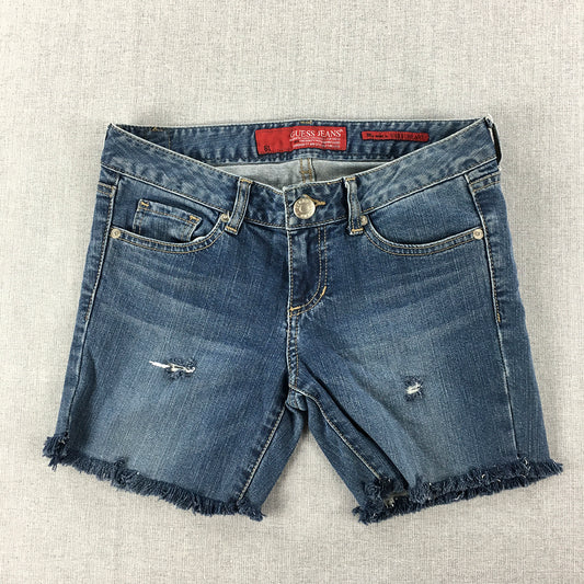 Guess Jeans Womens Denim Shorts Size 30 Blue Embroidered Logo Raw Hem