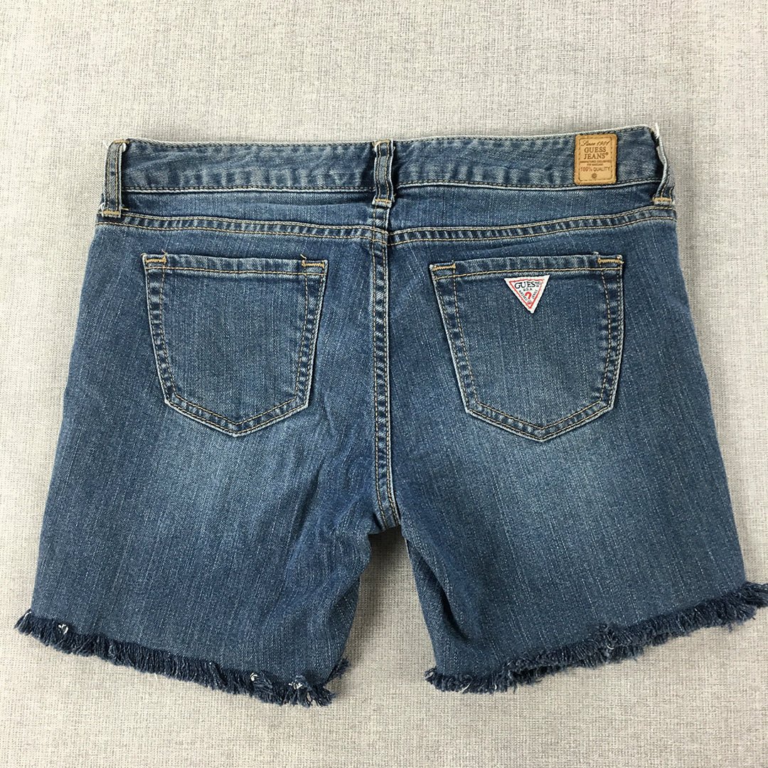 Guess Jeans Womens Denim Shorts Size 30 Blue Embroidered Logo Raw Hem