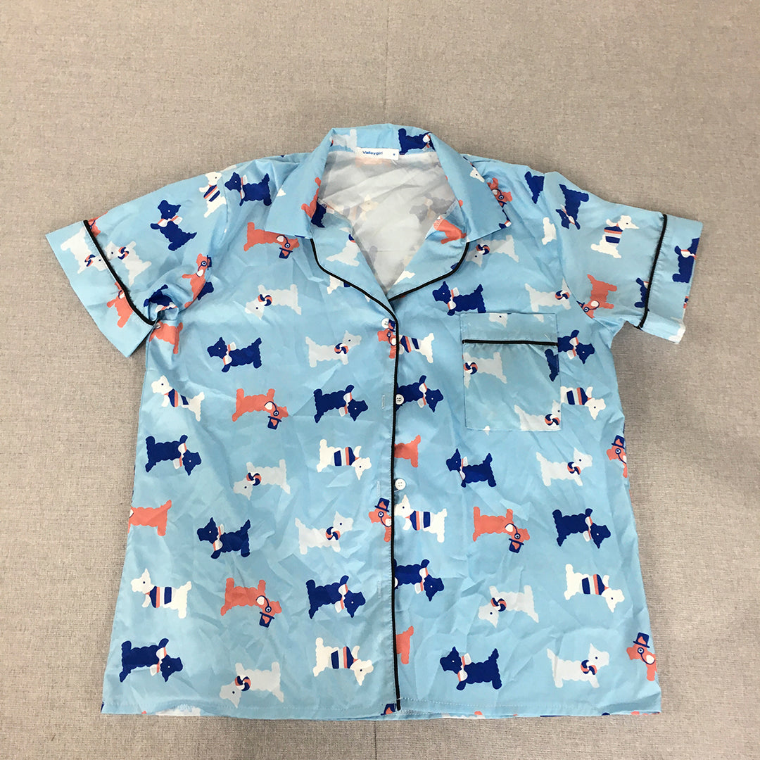 Valleygirl Womens Top Size M Blue Dog Pattern Short Sleeve Button-Up Shirt