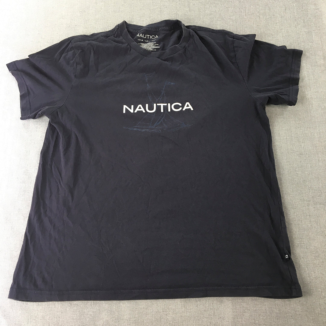 Nautica Mens T-Shirt Size M Navy Blue Big Logo Short Sleeve Flag Ship Crew Neck