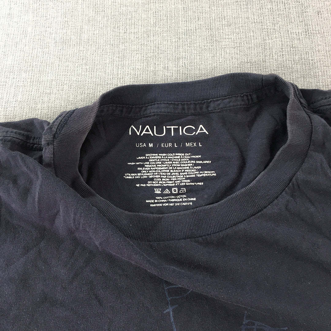 Nautica Mens T-Shirt Size M Navy Blue Big Logo Short Sleeve Flag Ship Crew Neck