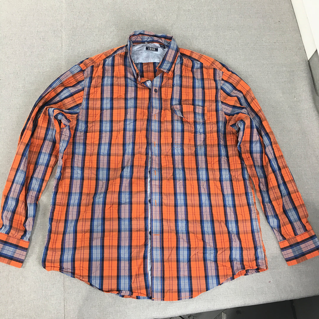 Izod Mens Shirt Size L Orange Checkered Long Sleeve Button-Up