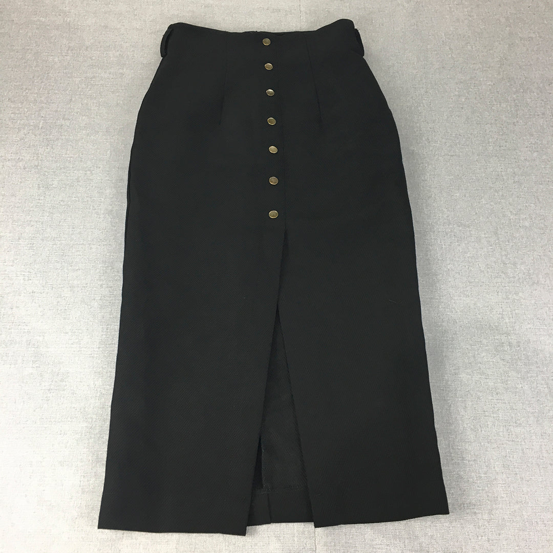 Delilah Womens Maxi Skirt Size 10 Black Button Straight Pencil Pleated