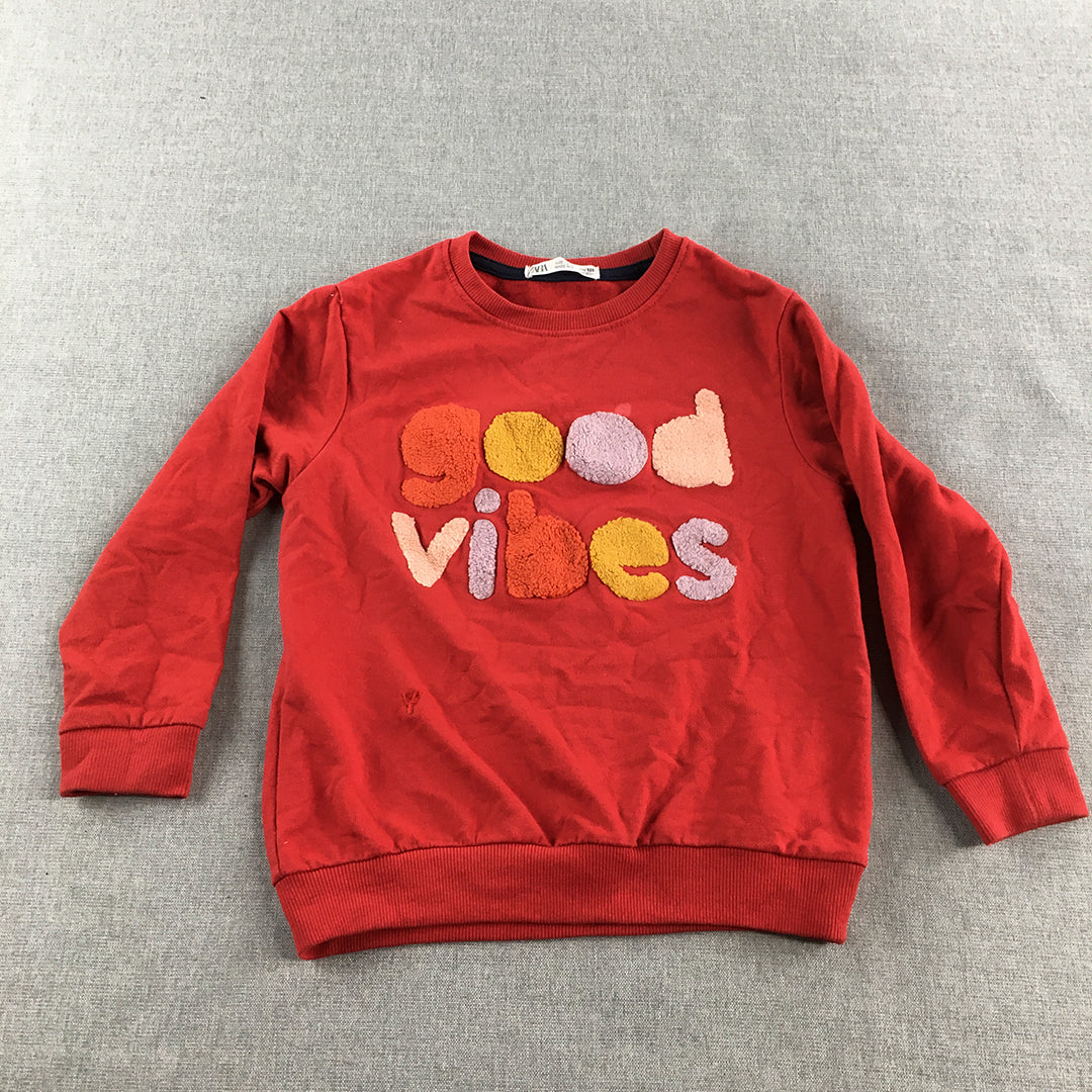 Zara Kids Girls Sweater Size 7 - 8 Years Red Good Vibes Crew Neck Jumper