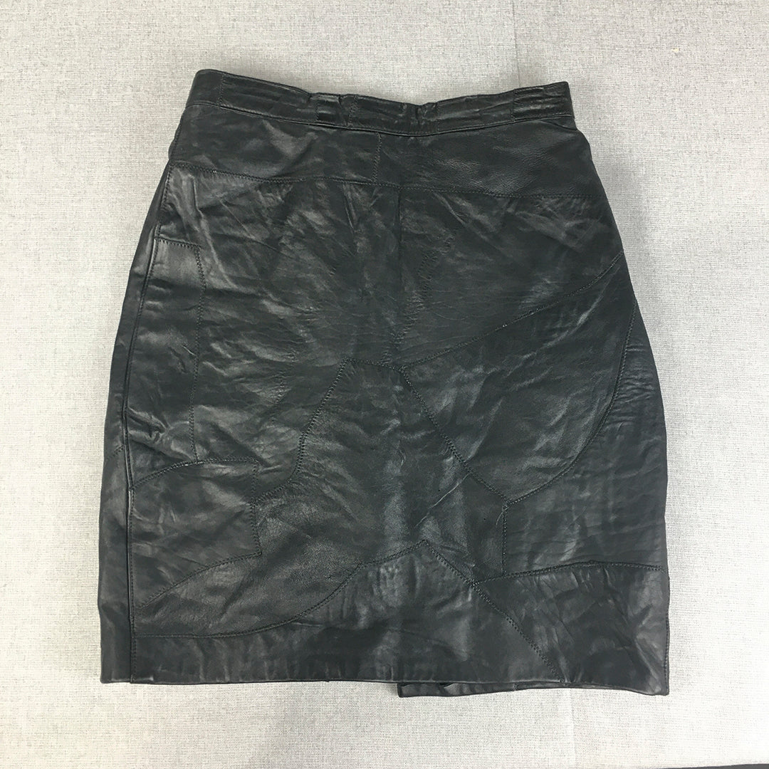 Vintage Strawberry Hill Design Womens Genuine Leather Skirt Size 14 Black Midi