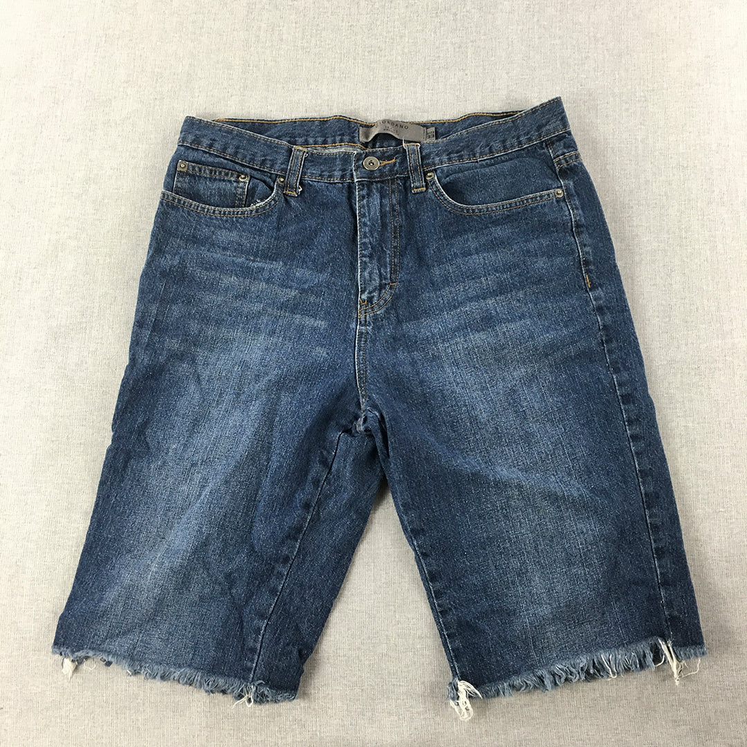 Giordano Mens Denim Shorts Size 33 Blue Dark Wash Raw Hem Jorts