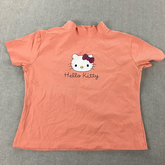 Hello Kitty Kids Girls T-Shirt Youth Size L Pink Short Sleeve Mock Neck Top