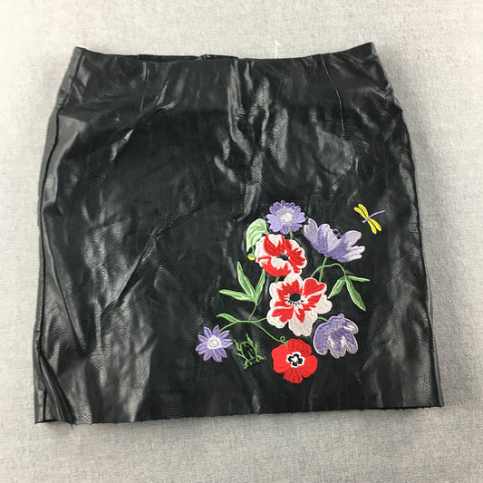 H&M Womens Faux Leather Mini Skirt Size 4 Black Floral Embroidered