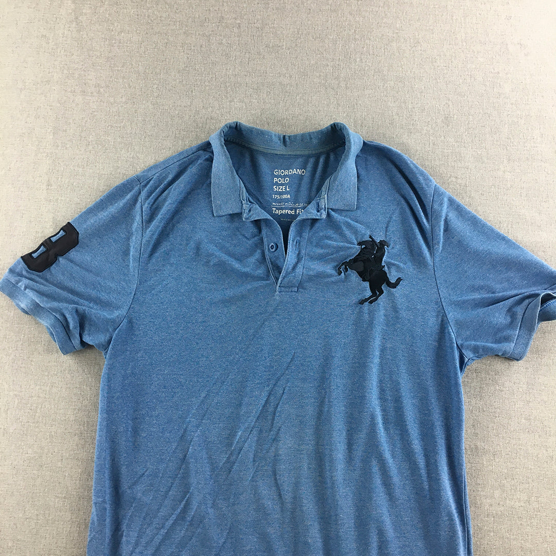 Giordano Mens Polo Shirt Size L Tapered Fit Blue Embroidered Logo Rugby