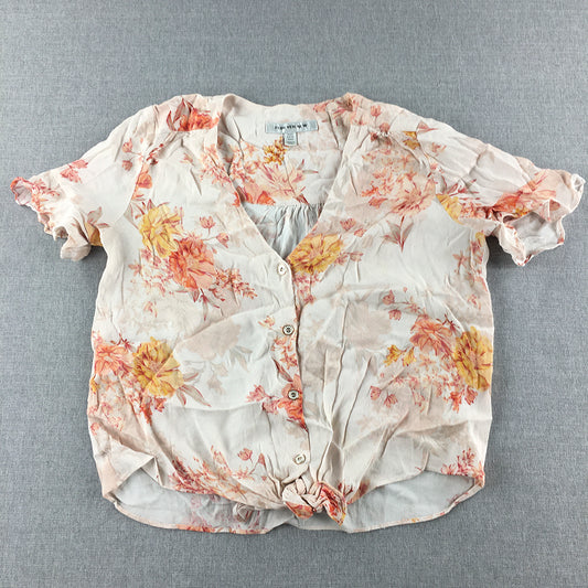 Forever New Womens Top Size 6 White Floral Short Sleeve Button-Up Shirt