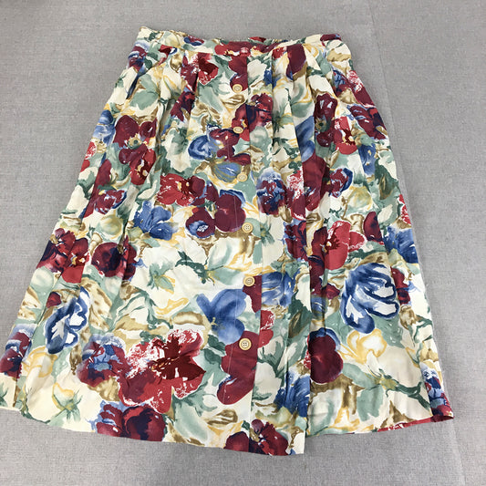 Vintage Tajura Womens Skirt Size 10 White Red Green Floral Button Pleated