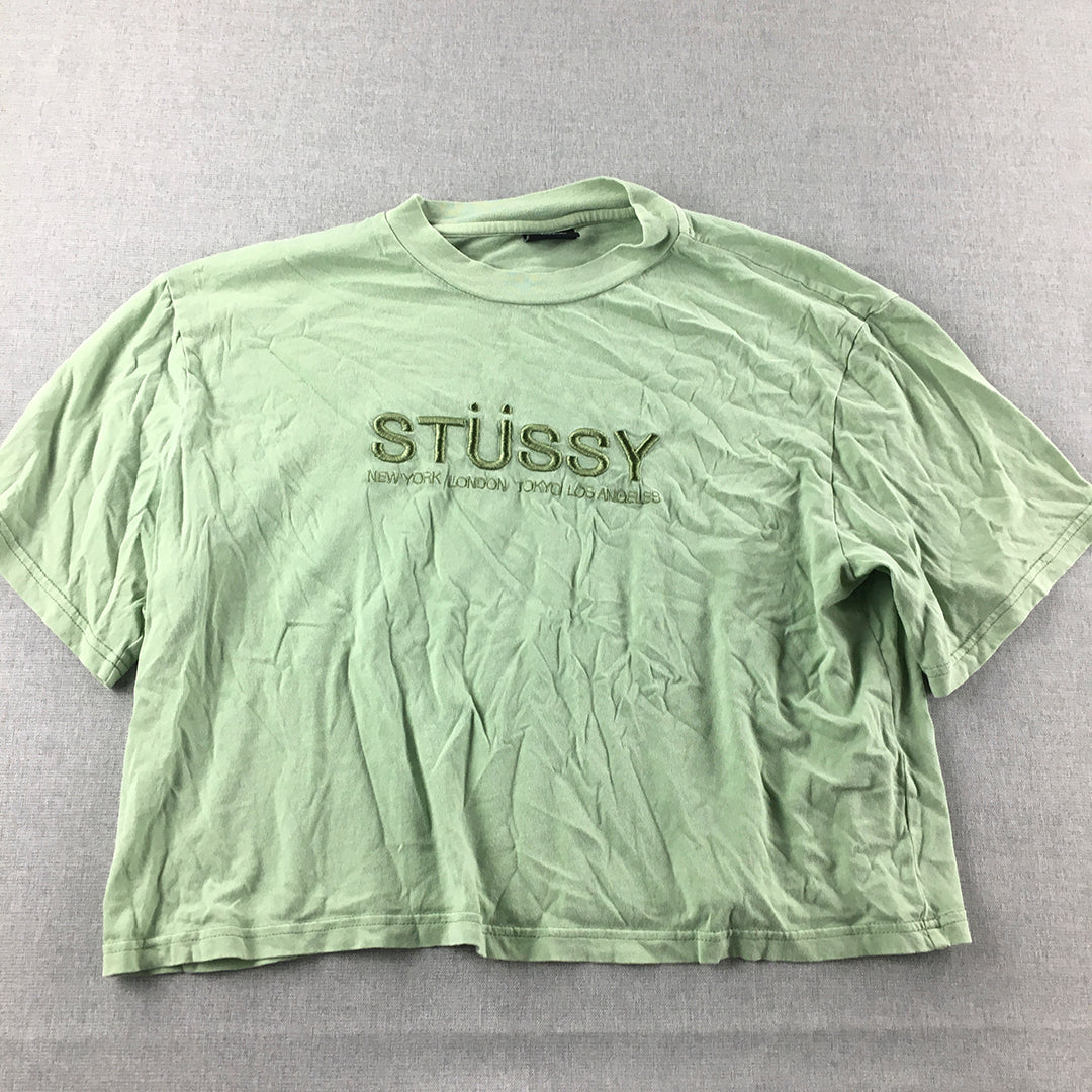Stussy Womens Cropped T-Shirt Size 12 Green Big Embroidered Logo Top