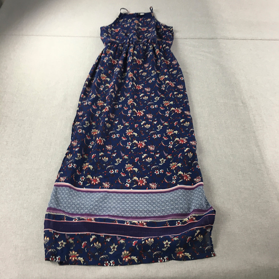 H&M Womens Maxi Dress Size 6 Blue Floral Sleeveless Paisley Long Length