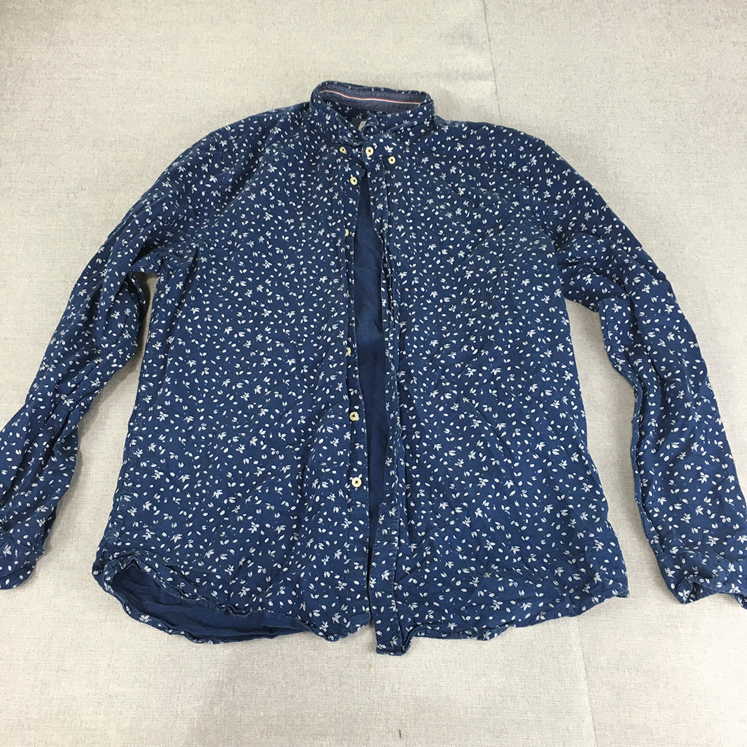 Zara Mens Shirt Size XL Blue Floral Long Sleeve Button-Up Collared