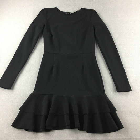 Boohoo Womens Mini Dress Size 8 Black Long Sleeve Stretch Fabric Frilled Hem