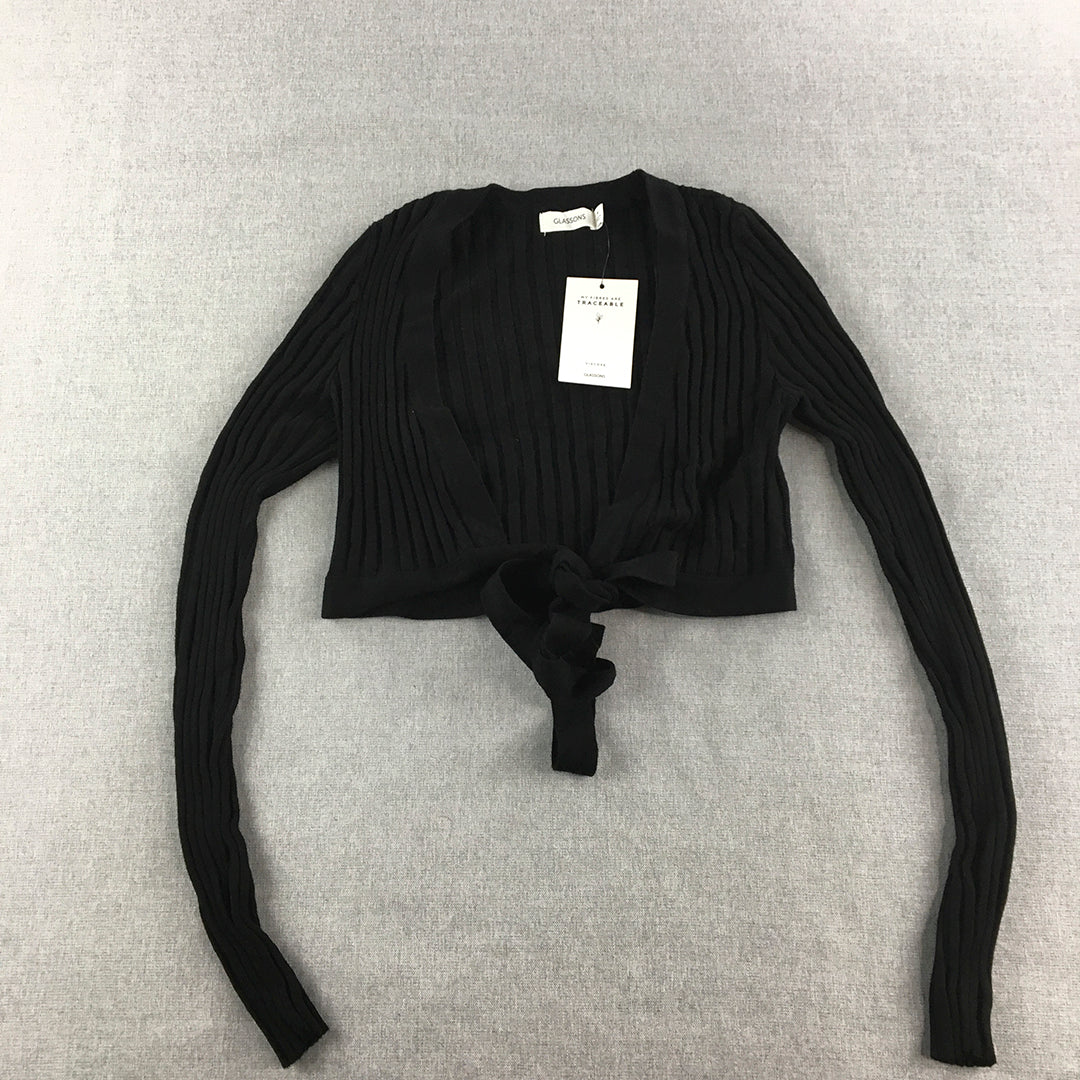 NEW Glassons Womens Knit Cardigan Size M Black Stretch Fabric Cropped Tie-Up