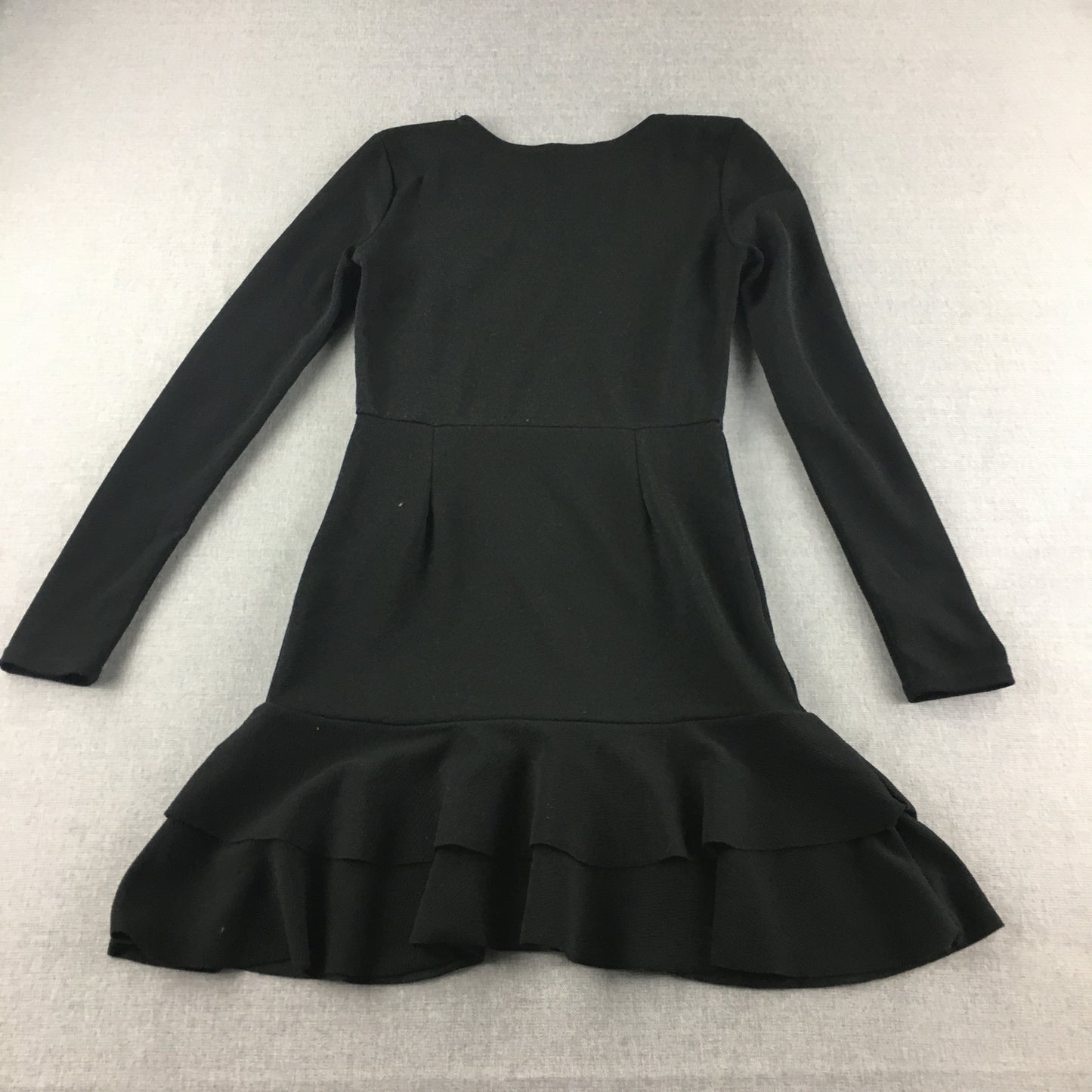 Boohoo Womens Mini Dress Size 8 Black Long Sleeve Stretch Fabric Frilled Hem