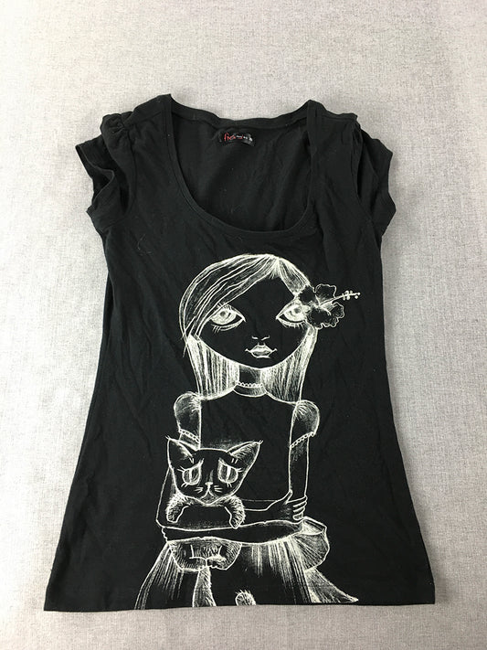 Free Fusion Womens Top Size XS Black Short Sleeve Girl Cat T-Shirt