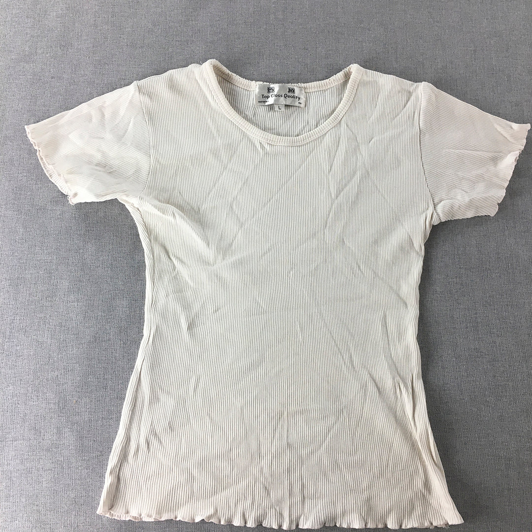 Top Class Quality Womens Knit Top Size L White Stretch Fabric Shirt