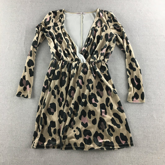 LA Collective Womens Mini Dress Size 8 Brown Leopard Print Long Sleeve Stretch