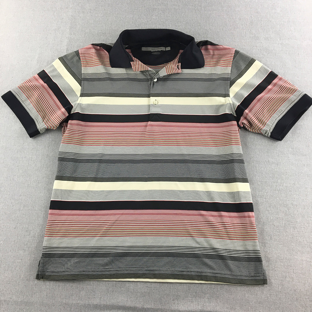 Greg Norman Mens Golf Shirt Size L Pink Black Striped Collared Polo Rugby