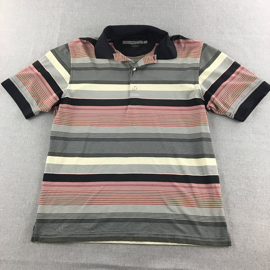 Greg Norman Mens Golf Shirt Size L Pink Black Striped Collared Polo Rugby