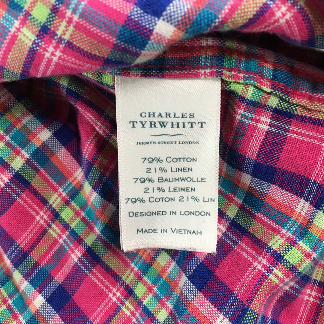 Charles Tyrwhitt Mens Linen Shirt Size M Pink Classic Fit Checkered Button-Up