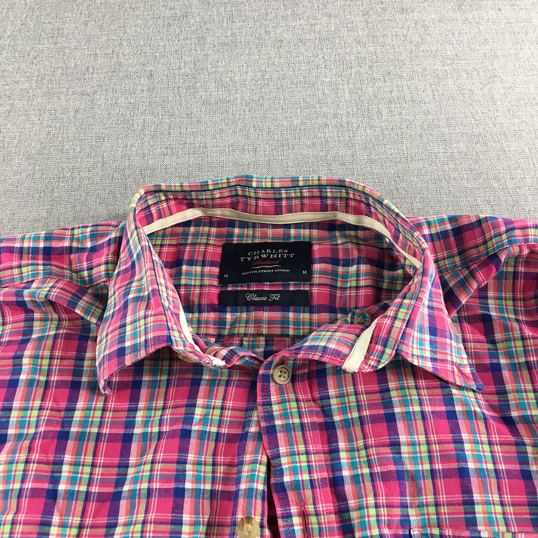 Charles Tyrwhitt Mens Linen Shirt Size M Pink Classic Fit Checkered Button-Up